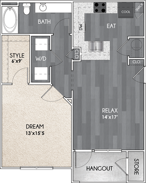 Floor plan for 1 bed, 1 bath, 785 sqft